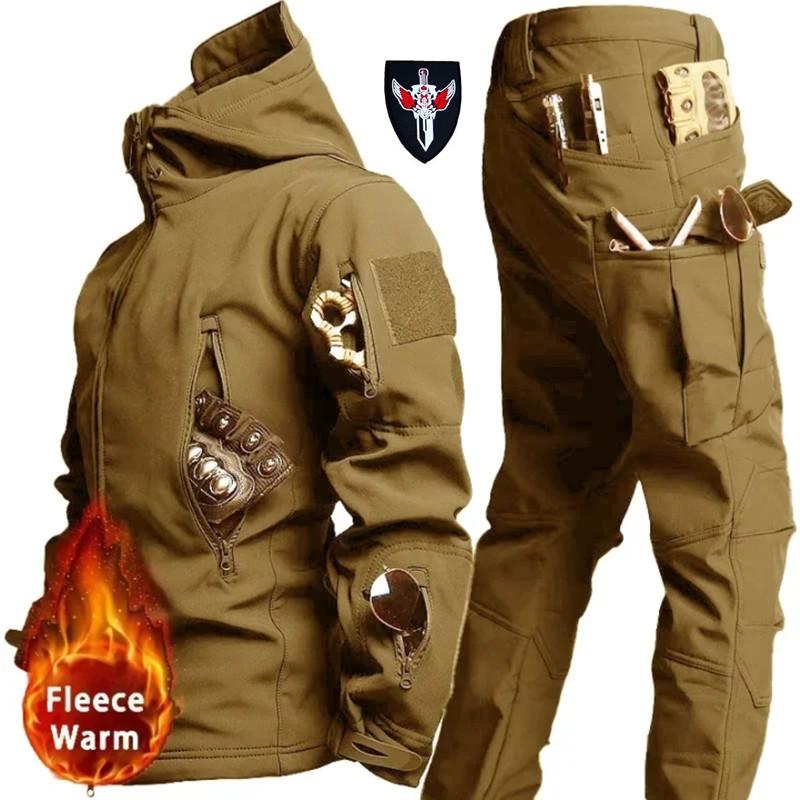 Tactical Winter Set Men's Outdoor Windproof Waterproof Suit Multi-Pocket Soft Shell Hooded Jackets Sharkskin Work Pants