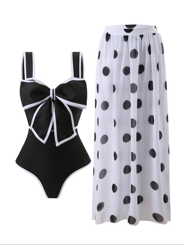 Women's Polka Dot Print Big Bow Decor Two-piece Set, Contrast Binding One Piece Swimsuit & Cover Up Skirt Set, Ladies Summer Swimwear for Beach Holiday