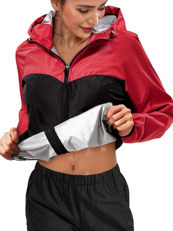 Women's Colorblock Zip Up Hooded Sports Sauna Jacket, Airport Outfits 2024, Sporty Drawstring Pocket Zipper Outerwear for Gym Workout Running, Ladies Sportswear for All Seasons, Fall Outfits, Fallfreshness