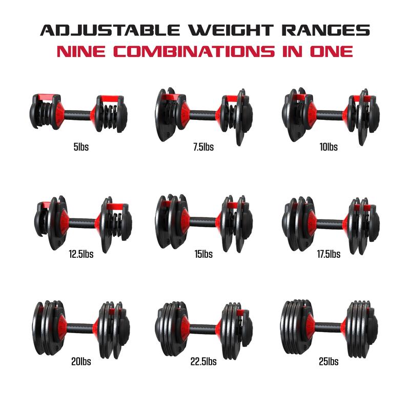 2-Pack, Two 25lbs. Quick-Select 9 in 1 Adjustable Dumbbell for Gym, 5-25lbs. Weight in 2.5lbs Increments