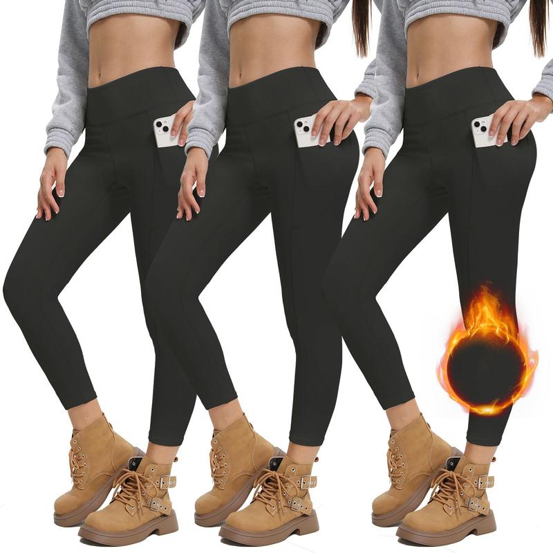 3PCS Women's Fleece-lined Leggings with Pockets as Base Pants, High Waist Tummy Control, Soft Yoga Pants for Workout and Running, Winter