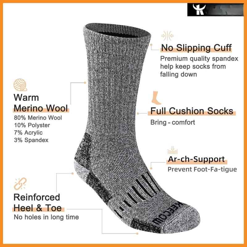 Merino  Crew Socks For Men & Women, Thermal, Warm, Winter, Cushion, Socks For Hiking, Working, Running, 3 Pairs