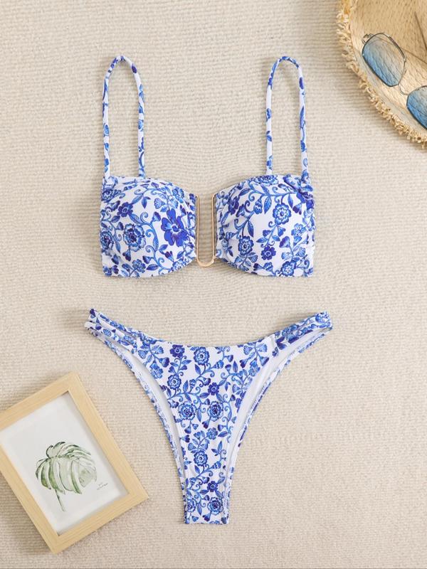 Two-Piece Set Women's Floral Print Bikini Set, Boho Fashion Adjustable Strap Tie Back Padded Swim Bra & High Cut Swim Panty, Ladies Swimsuit for Beach Holiday Vacation