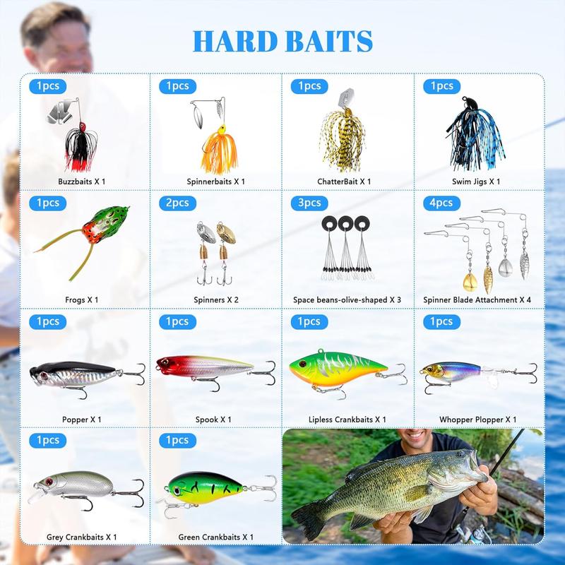 322- Fishing Lures Kit - Buzz  Spinner Baits Jig Frog, Fishing Tackle Box with Tackle Included, Soft  Hooks Weights, 2024 Fishing Gear Lure Kit Gift for Men Freshwater Bass Trout