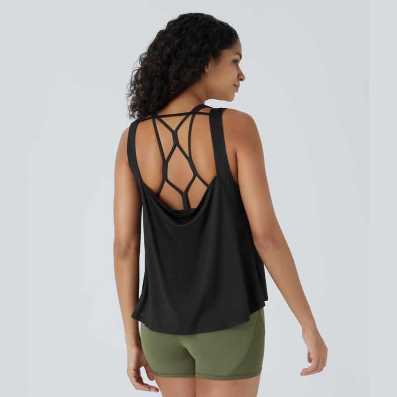 Halara Sheer Round Neck Backless Draped Jacquard Yoga Tank Top