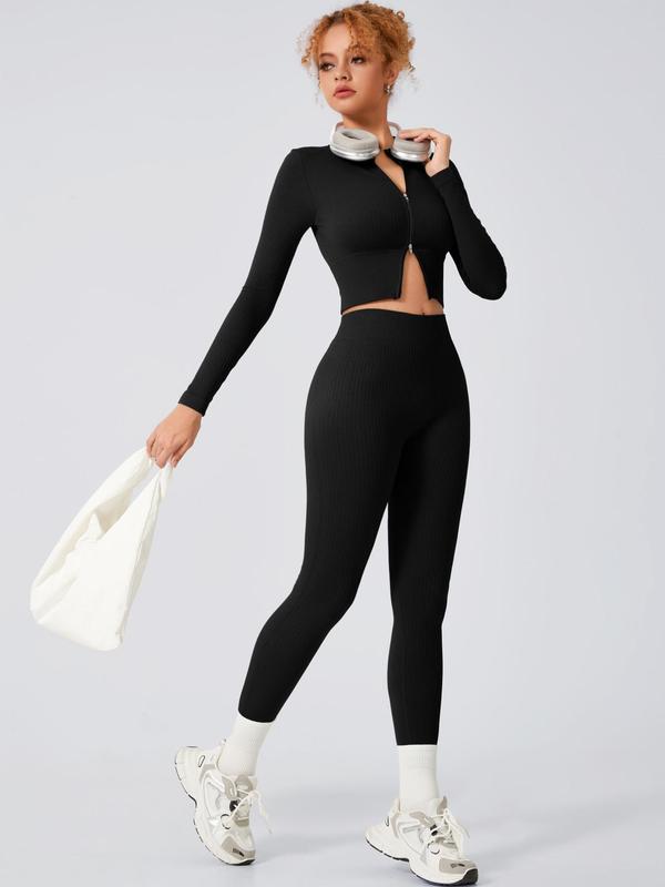 Two-Piece Set Women's Solid Zip Up Crop Jacket & High Waist Leggings Tracksuit Set, Sporty Long Sleeve Top & Skinny Pants for Gym Fitness Yoga, Ladies Sportswear