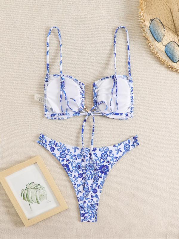 Two-Piece Set Women's Floral Print Bikini Set, Boho Fashion Adjustable Strap Tie Back Padded Swim Bra & High Cut Swim Panty, Ladies Swimsuit for Beach Holiday Vacation