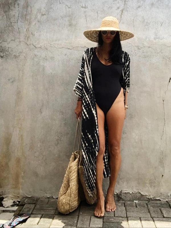 Plus Size Tie Dye Print Belted Kimono, Boho Batwing Sleeve Open Front Cover Up Dress, 2024 Curve Bathing Suits, Women's Clothes for Beach Holiday