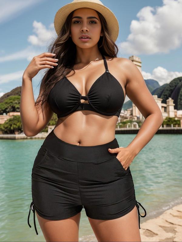 Plus Size Solid Drawstring Ruched Swim Shorts, Casual Pocket High Waist Skinny Shorts for Summer, Women's Swimwear Bottoms for Beach Swimming