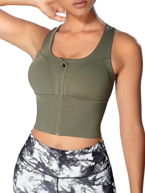 Women's Solid Criss Cross Zipper Crop Sports Bra, Breathable Comfortable Sports Bra, Ladies Sportswear for Indoor Outdoor Wear