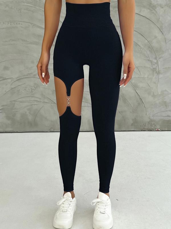 Women's Plain Cut Out Ring Linked High Waist Sports Leggings, Tight-fitting High Stretch Seamless Yoga Leggings, Ladies Sportswear for Gym Yoga Workout