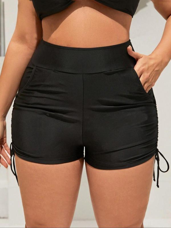 Plus Size Solid Drawstring Ruched Swim Shorts, Casual Pocket High Waist Skinny Shorts for Summer, Women's Swimwear Bottoms for Beach Swimming