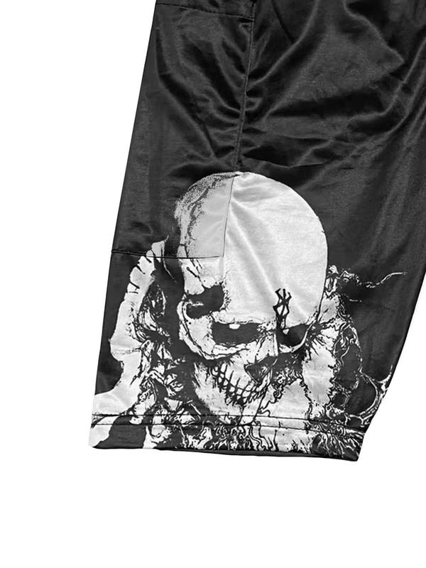 Sporty Men's Skull Print 2-IN-1 Drawstring Waist Sports Shorts, Regular Fit Breathable Pocket Elastic Waist Shorts for Summer, Men's Sportswear for Gym Workout Running