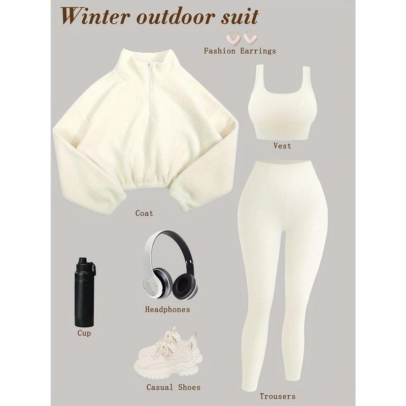 3 Piece Set Women's Sportswear, Soft Knitted Fabric, High-Waisted Trousers and Sports Bra, Half Zip Plush Jacket, Fall Winter Fitness Suit (No Accessories)