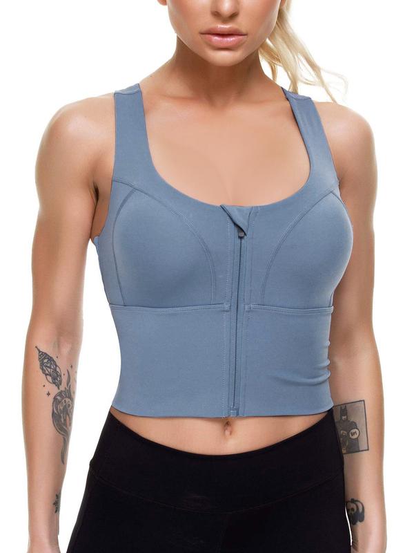 Women's Solid Criss Cross Zipper Crop Sports Bra, Breathable Comfortable Sports Bra, Ladies Sportswear for Indoor Outdoor Wear