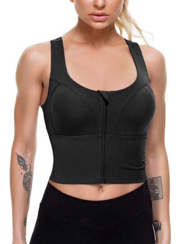 Women's Solid Criss Cross Zipper Crop Sports Bra, Breathable Comfortable Sports Bra, Ladies Sportswear for Indoor Outdoor Wear