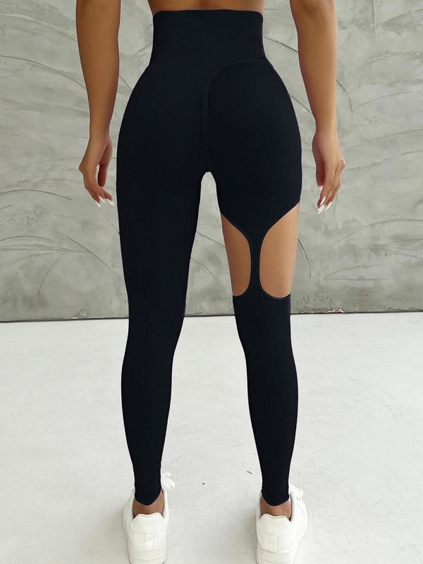 Women's Plain Cut Out Ring Linked High Waist Sports Leggings, Tight-fitting High Stretch Seamless Yoga Leggings, Ladies Sportswear for Gym Yoga Workout