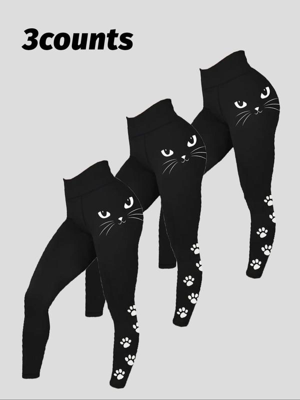 Women's Cartoon Cat Print High Waist Sports Leggings, Casual Comfy Breathable Skinny Pants for Yoga Gym Workout Running, Ladies Sportswear for All Seasons