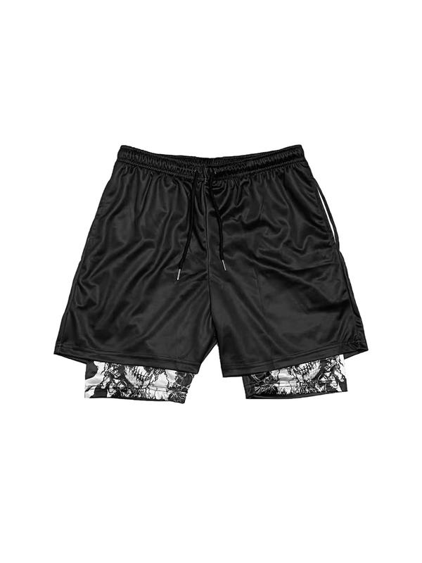 Sporty Men's Skull Print 2-IN-1 Drawstring Waist Sports Shorts, Regular Fit Breathable Pocket Elastic Waist Shorts for Summer, Men's Sportswear for Gym Workout Running