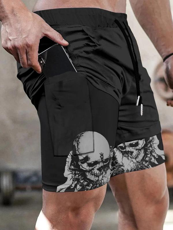 Sporty Men's Skull Print 2-IN-1 Drawstring Waist Sports Shorts, Regular Fit Breathable Pocket Elastic Waist Shorts for Summer, Men's Sportswear for Gym Workout Running