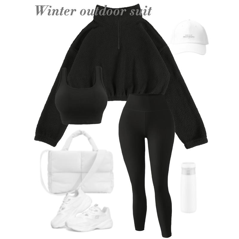 3 Piece Set Women's Sportswear, Soft Knitted Fabric, High-Waisted Trousers and Sports Bra, Half Zip Plush Jacket, Fall Winter Fitness Suit (No Accessories)