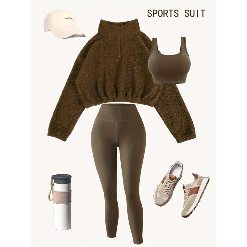 3 Piece Set Women's Sportswear, Soft Knitted Fabric, High-Waisted Trousers and Sports Bra, Half Zip Plush Jacket, Fall Winter Fitness Suit (No Accessories)