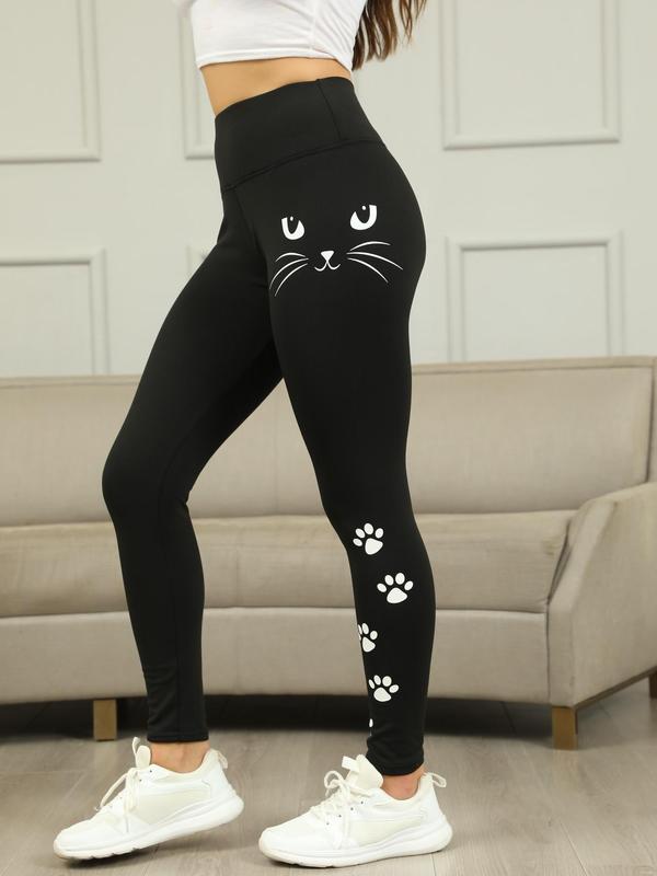 Women's Cartoon Cat Print High Waist Sports Leggings, Casual Comfy Breathable Skinny Pants for Yoga Gym Workout Running, Ladies Sportswear for All Seasons