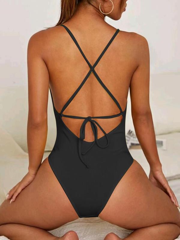 Women's Criss Cross Backless One-piece Swimsuit, Casual Tie Back Sleeveless Swimwear, Ladies Swimsuit for Beach Holiday Vacation