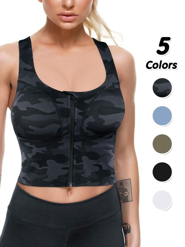 Women's Solid Criss Cross Zipper Crop Sports Bra, Breathable Comfortable Sports Bra, Ladies Sportswear for Indoor Outdoor Wear