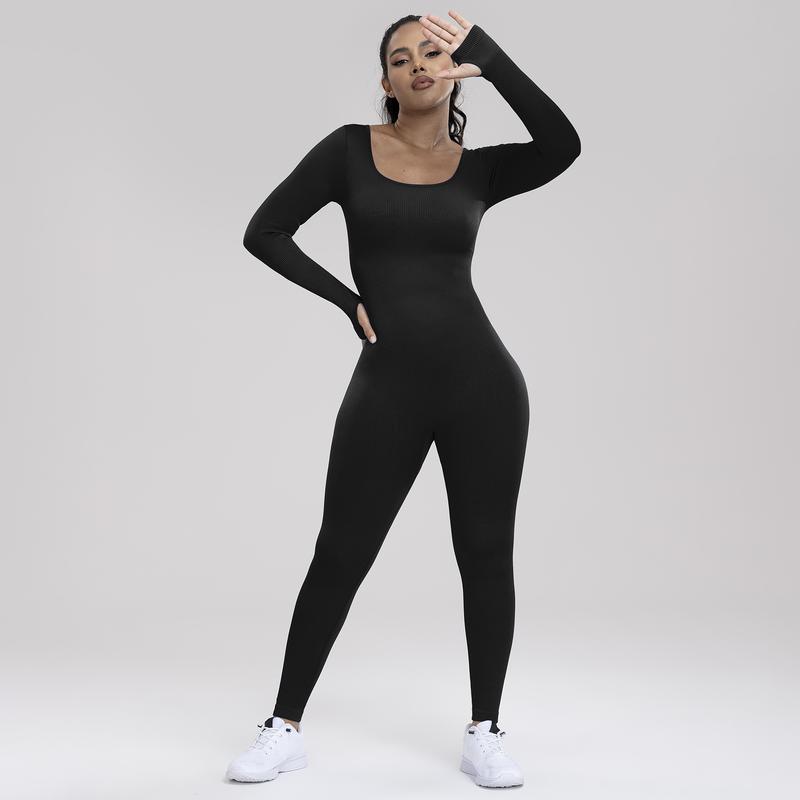 Arsoxy Women Yoga Jumpsuits Workout Ribbed Bodysuit Square Neck Bodycon Long Sleeve Sport Jumpsuit