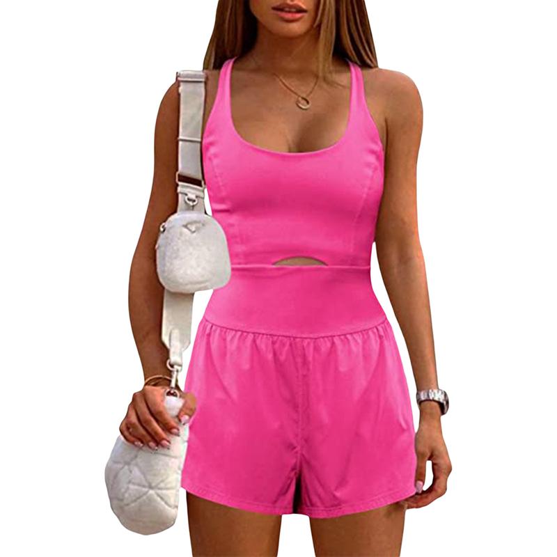 Women workout jumpsuits rompers running  Solid Color Cami Playsuits Sleeveless Sports Short Jumpsuits Summer Cross Backless Romper Tracksuits outfits tennis exercise gym clothes