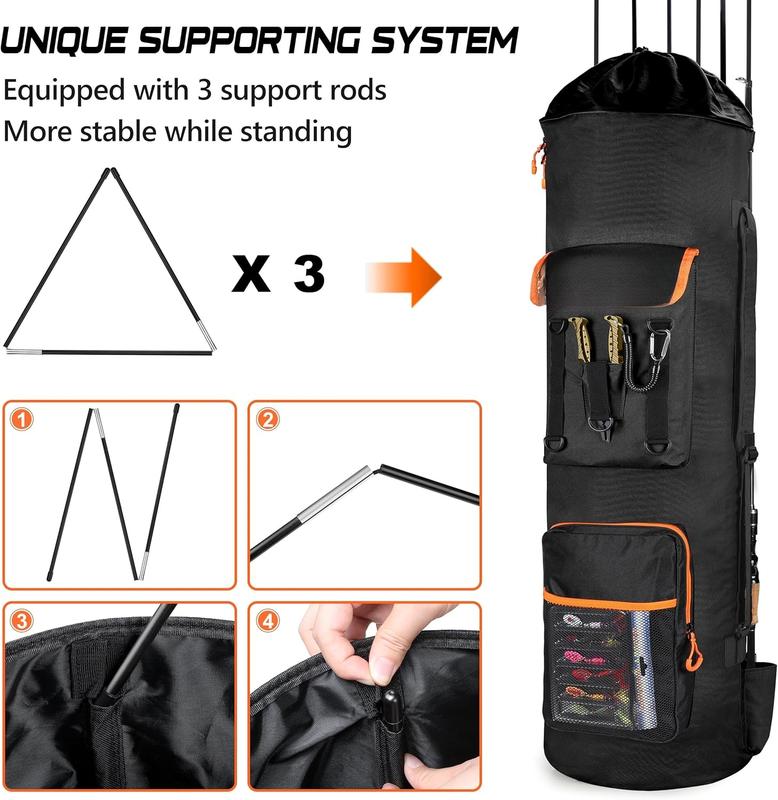 Fishing Backpack with Rod Holders, Large Storage Fishing Tackle Bag Holds 6 Rods & Reels, Foldable Fishing Rod Bag Case for Fishing Gear Equipment, Fishing Gifts for Men, Black