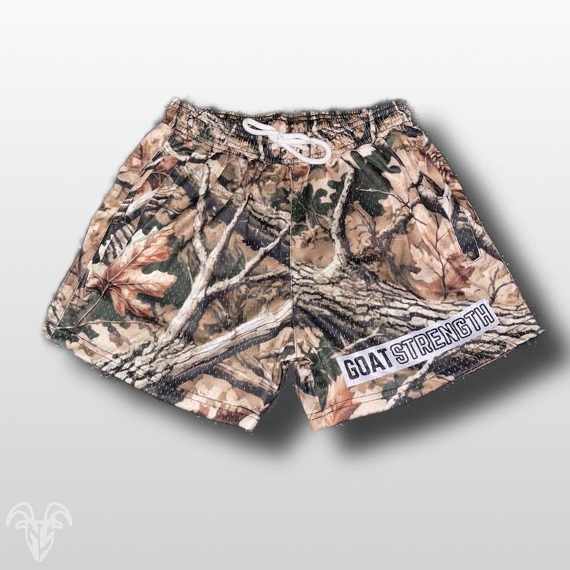 Goat Strength Hunter Camouflaged Patterned Athletic Mesh Shorts - Breathable, Camo Gym Athletic Fit with Zipper Pockets