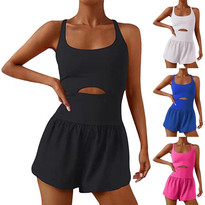 Women workout jumpsuits rompers running  Solid Color Cami Playsuits Sleeveless Sports Short Jumpsuits Summer Cross Backless Romper Tracksuits outfits tennis exercise gym clothes