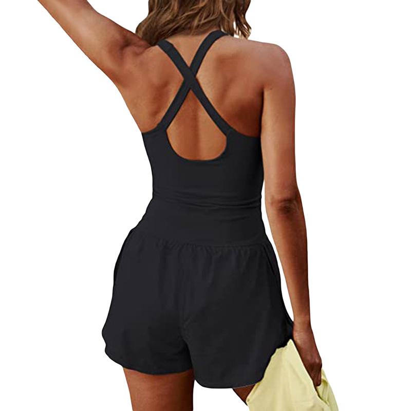 Women workout jumpsuits rompers running  Solid Color Cami Playsuits Sleeveless Sports Short Jumpsuits Summer Cross Backless Romper Tracksuits outfits tennis exercise gym clothes