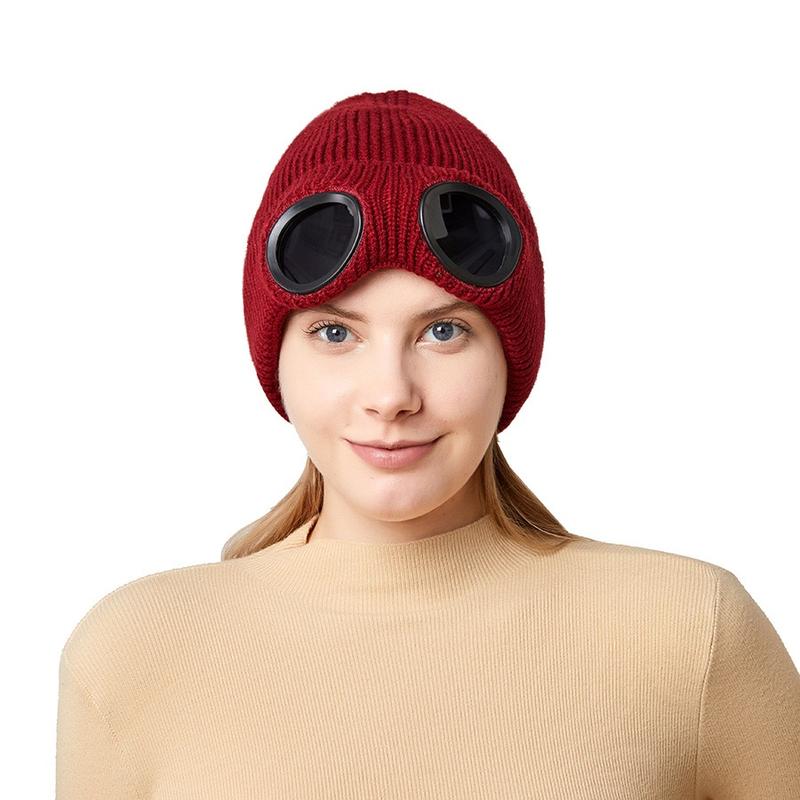 Winter Beanie Hat with Goggles, Unisex - Unisex Solid Color Knitted Hat, Ski, Outdoor Sports Hat, Warm Windproof Hat，（Hat circumference：55-59cm） Bluetooth Rechargeable