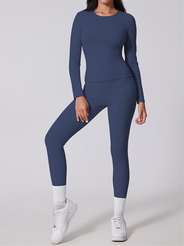 Women's Solid Long Sleeve Tee & High Waist Leggings Tracksuit Set, Sporty Breathable Comfy for Yoga Gym Workout Running, Ladies Sportswear for Fall & Winter