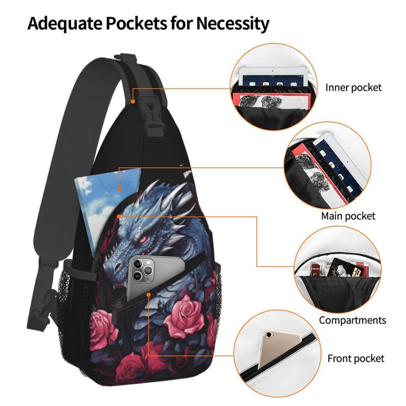 Dragon And Rose Hiking Daypacks,Crossbody Sling Backpack Shoulder Bag Chest Bag ,With Adjustable Strap High Capacity,For Men Women Outdoor Cycling Hiking Travel