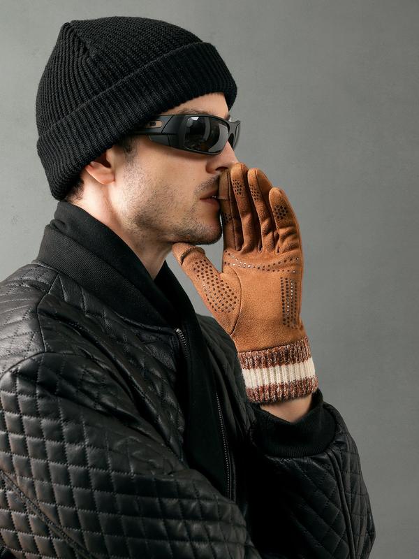 Men's Solid Color Touch Screen Thermal Lined Gloves, Casual Outdoor Sports Gloves, Warm Gloves for Cycling, Driving, Running, Skiing